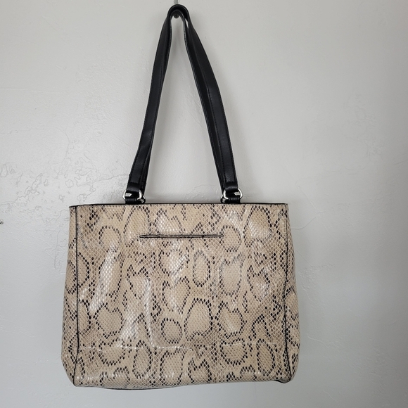 Anne Klein Purse Shoulder Bag Tan Snakeskin Print Black Trim - Picture 5 of 12